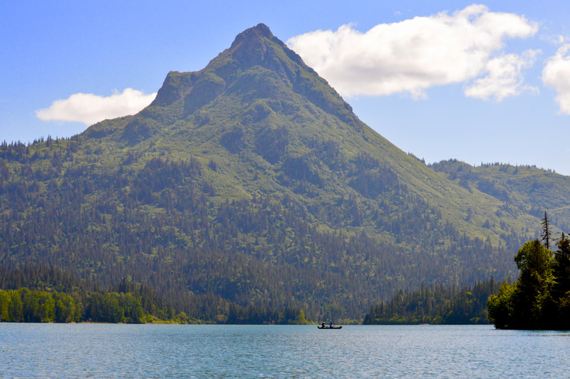 The view of Poot's Peak, a dramatic, Hershey's Kiss shaped mountain in the Kachemak Bay State Park. 